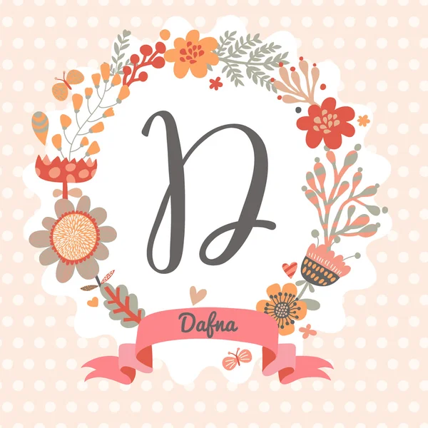 Floral wreath with letter D — Stock Vector