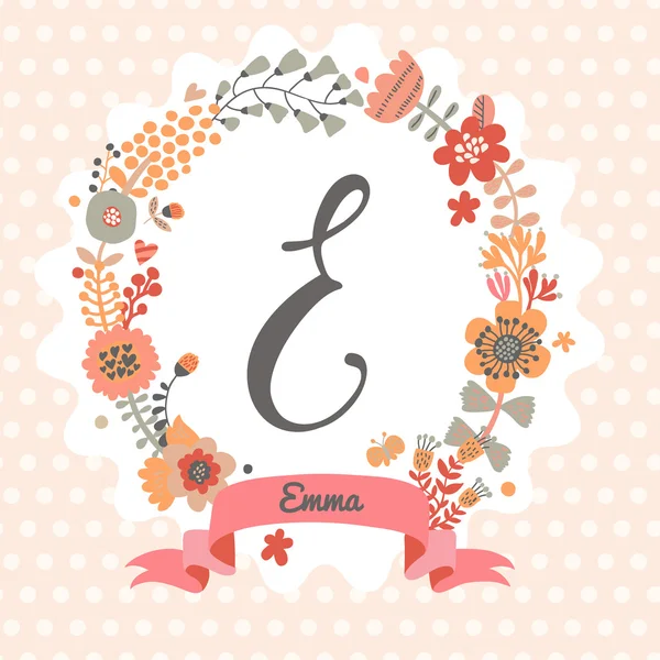 Corona floral con letra E — Vector de stock