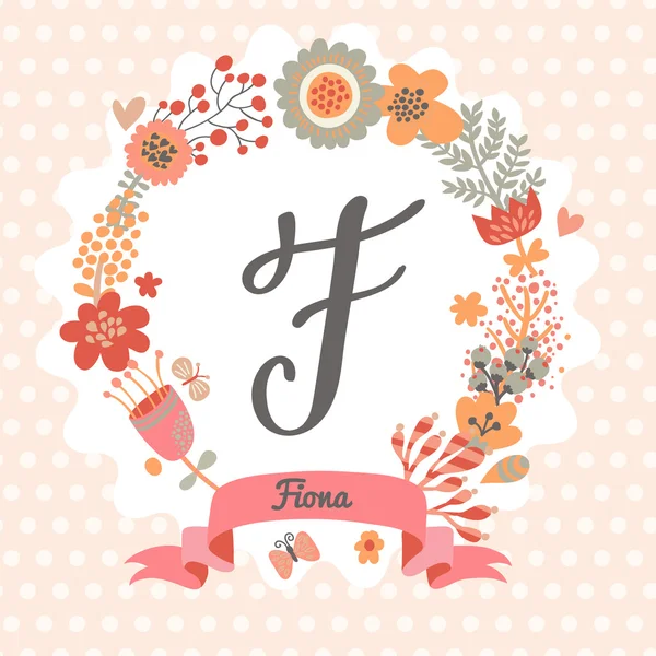 Floral wreath with letter F — Stock Vector