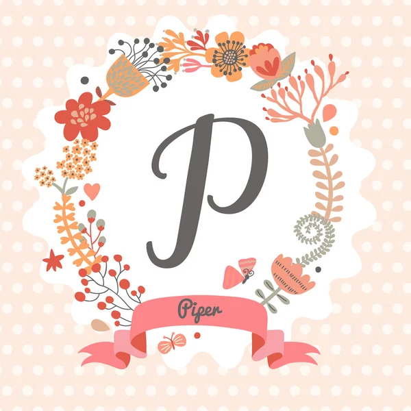 Floral wreath with letter P — Stock Vector