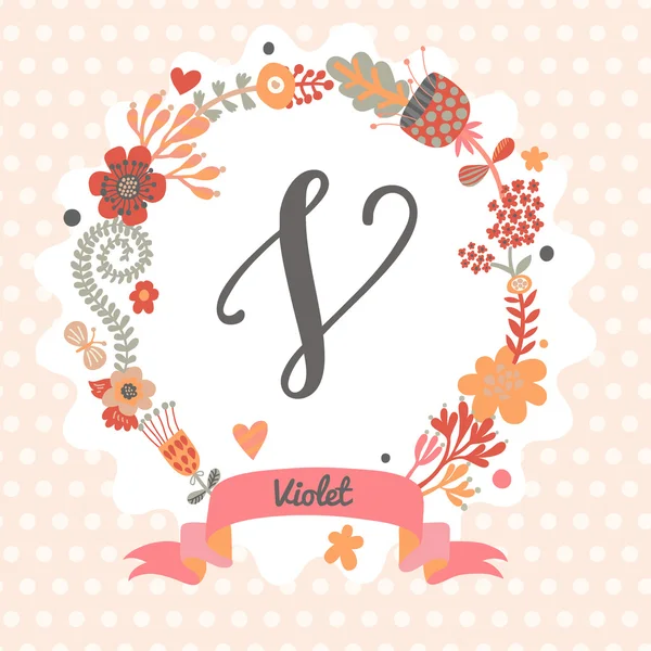 Floral wreath with letter V — Stock Vector