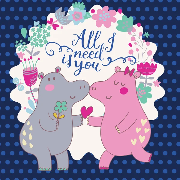 Cartão romântico com dois hipopótamos —  Vetores de Stock