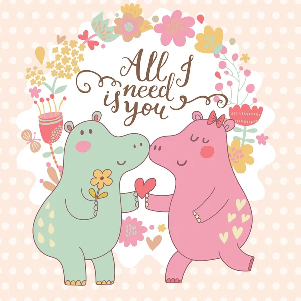 Cartoon hipopótamo cartão romântico — Vetor de Stock
