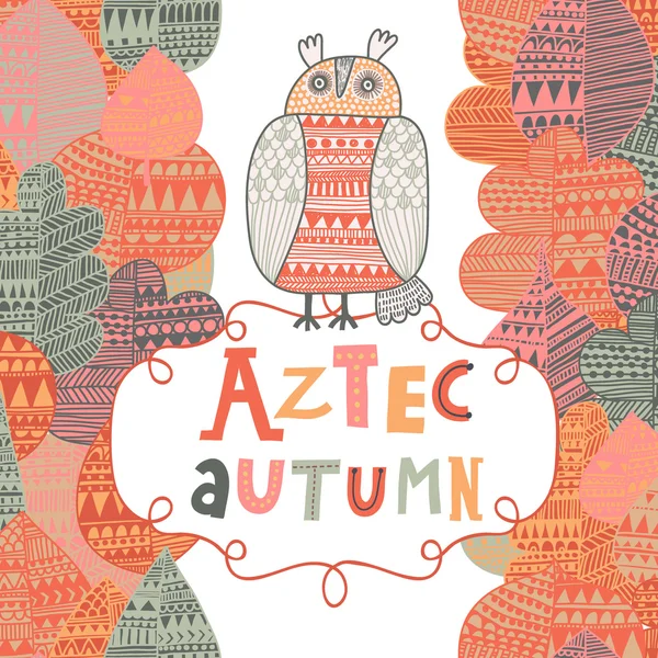 Tarjeta azteca de otoño con pájaro — Vector de stock