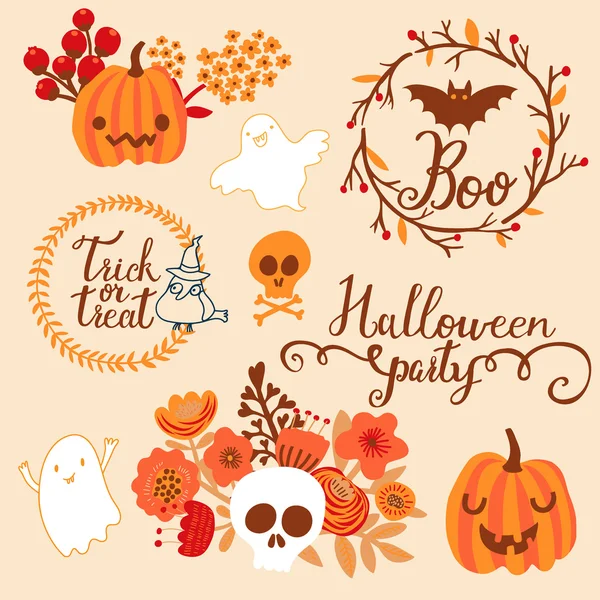 Conjunto de símbolos de desenhos animados de Halloween — Vetor de Stock