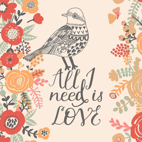 Романтическая открытка с мультяшной птицей — стоковый вектор