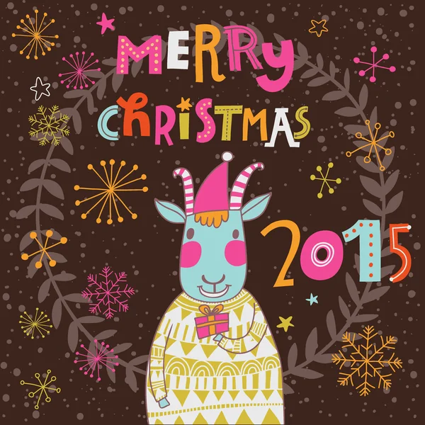 Tarjeta de Navidad con cabra de dibujos animados — Vector de stock