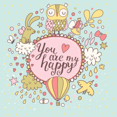 Aşk kuşlar ve hayvanlar ile çizgi film kartı