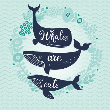 Cute cartoon blue whales card clipart
