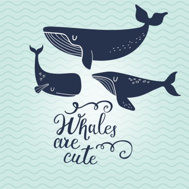 Cute cartoon blue whales card clipart