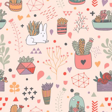 house plants and cute rabbit pattern clipart