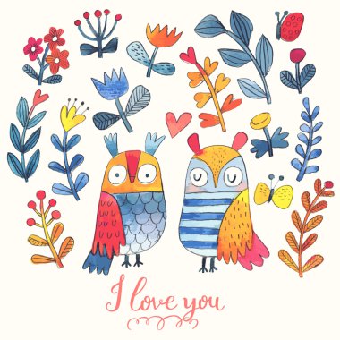 Sevgililer karikatür çiçek kartı