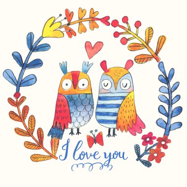 kart karikatür baykuşlar, kelebek ve çelenk