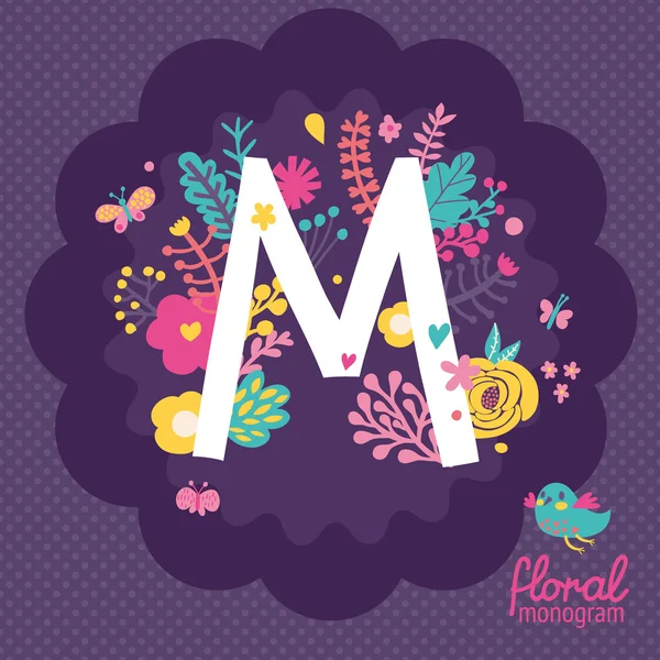 Tarjeta floral con letra M — Vector de stock