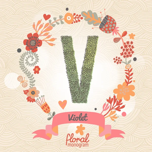 Stylish floral letter V — Stock Vector