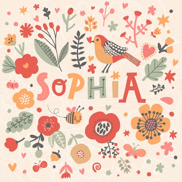 Mooie bloemen kaart met naam Sophia — Stockvector