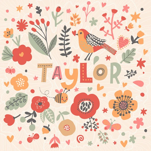 Bella carta floreale con nome Taylor — Vettoriale Stock