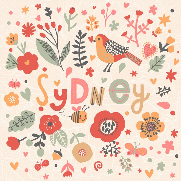Bella carta floreale con il nome Sydney — Vettoriale Stock