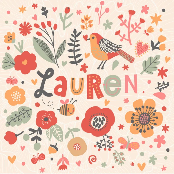 Bella carta floreale con il nome Lauren — Vettoriale Stock
