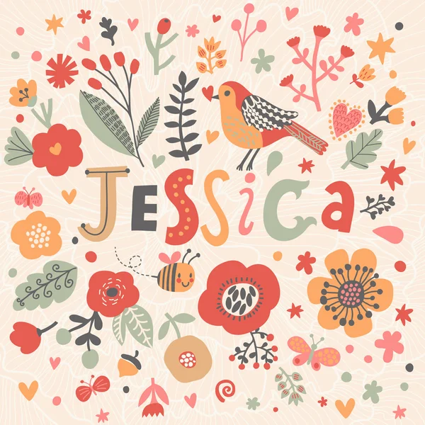 Hermosa tarjeta floral con nombre Jessica — Vector de stock