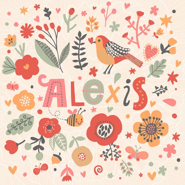 Hermosa tarjeta floral con nombre Alexis — Archivo Imágenes Vectoriales