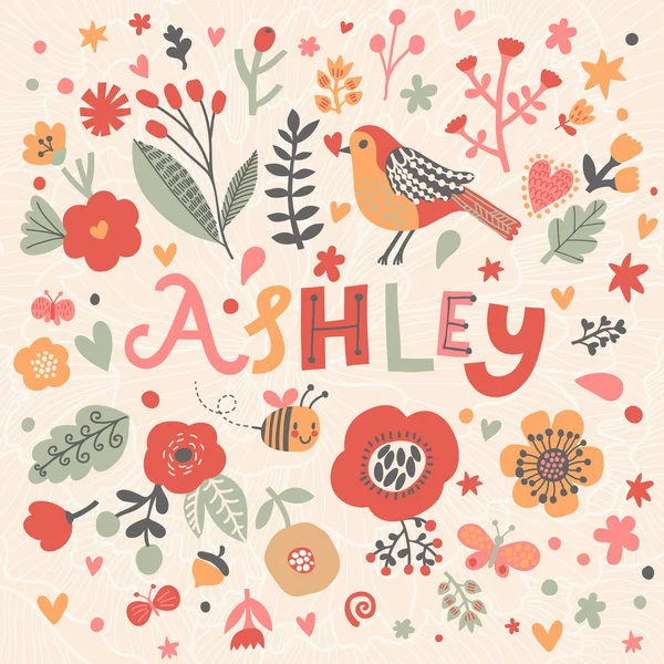 Hermosa tarjeta floral con nombre Ashley — Archivo Imágenes Vectoriales
