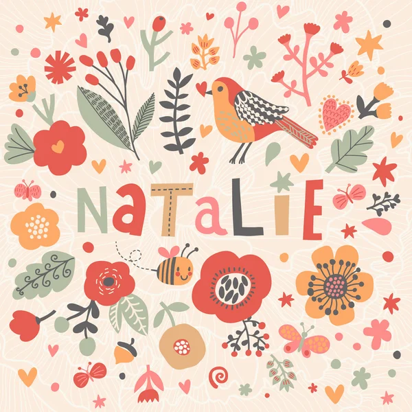 Hermosa tarjeta floral con nombre Natalie — Archivo Imágenes Vectoriales