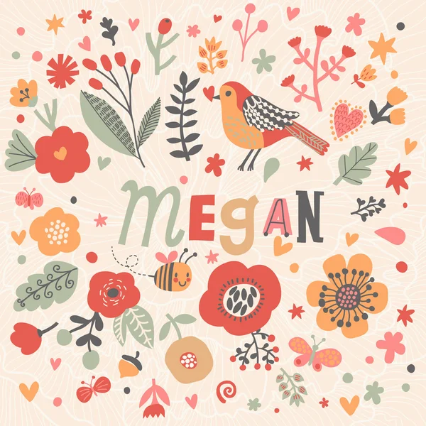 Hermosa tarjeta floral con nombre Megan — Vector de stock