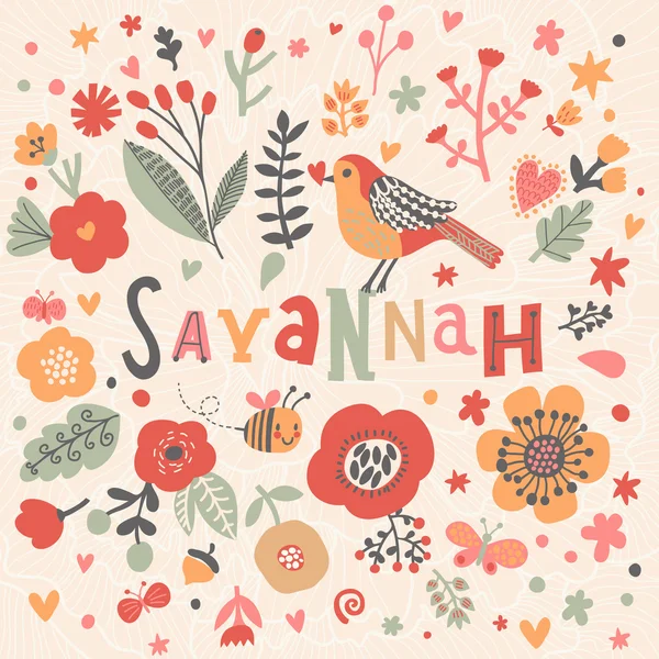Bella carta floreale con nome Savannah — Vettoriale Stock