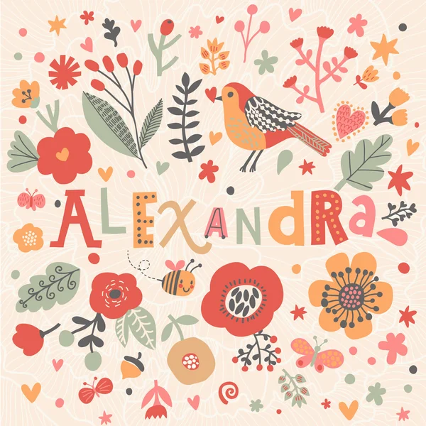 Belo cartão floral com nome Alexandra — Vetor de Stock