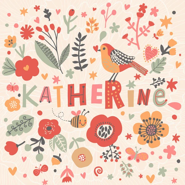 Hermosa tarjeta floral con nombre Katherine — Vector de stock