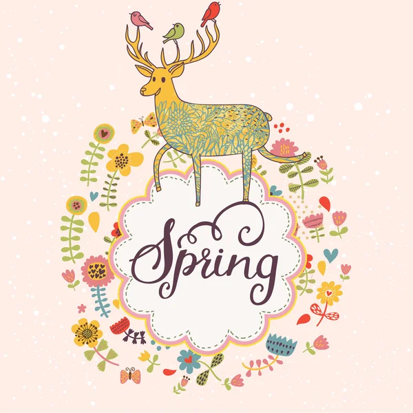 Carte de printemps avec cerf dessin animé — Image vectorielle