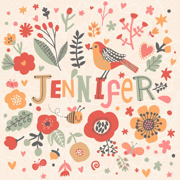 Mooie bloemen kaart met naam Jennifer — Stockvector