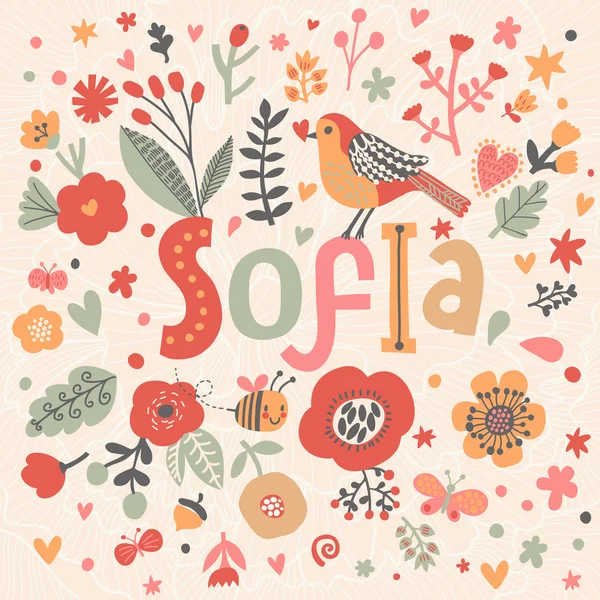 Hermosa tarjeta floral con nombre Sofía — Vector de stock