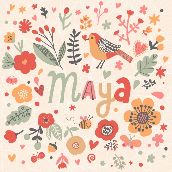 Mooie bloemen kaart met naam Maya — Stockvector