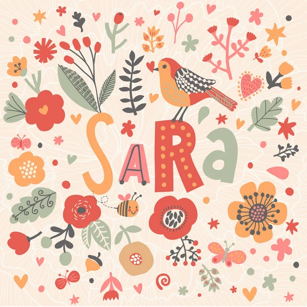 Hermosa tarjeta floral con nombre Sara — Vector de stock