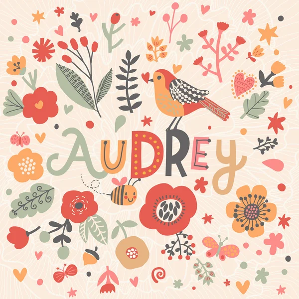 Mooie bloemen kaart met naam Audrey — Stockvector