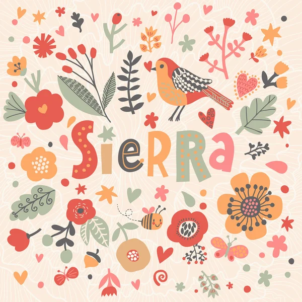 Hermosa tarjeta floral con nombre Sierra — Vector de stock