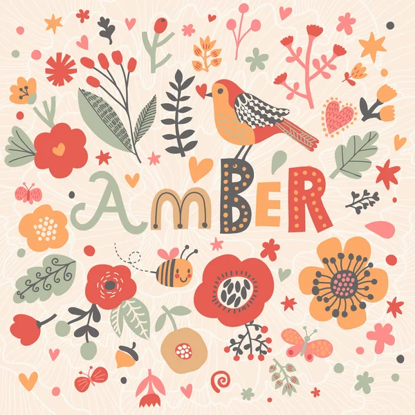 Mooie bloemen kaart met naam Amber — Stockvector