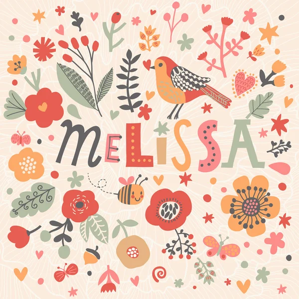 Mooie bloemen kaart met naam Melissa — Stockvector