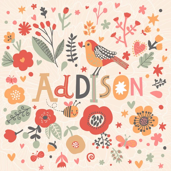 Hermosa tarjeta floral con nombre Addison — Vector de stock