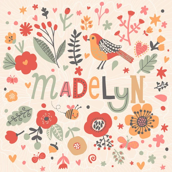 Mooie bloemen kaart met naam Madelyn — Stockvector
