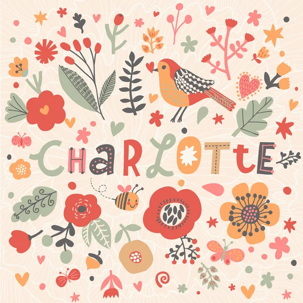 Bright floral card with name Charlotte — Stock Vector