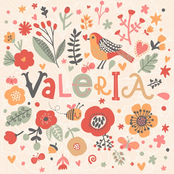 Ljusa blommor kort med namnet Valeria — Stock vektor