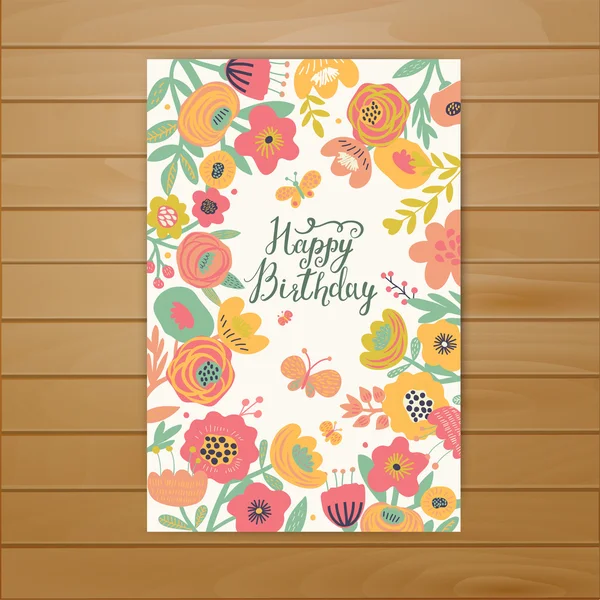 Dibujos animados floral feliz cumpleaños tarjeta — Vector de stock