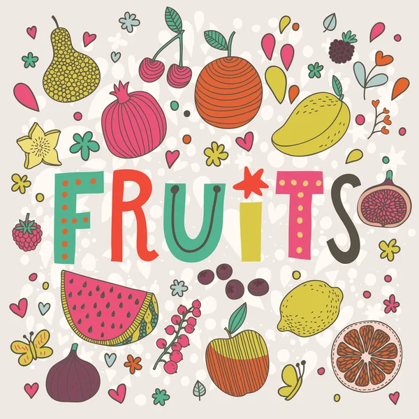 Fruit en bessen cartoon kaart — Stockvector