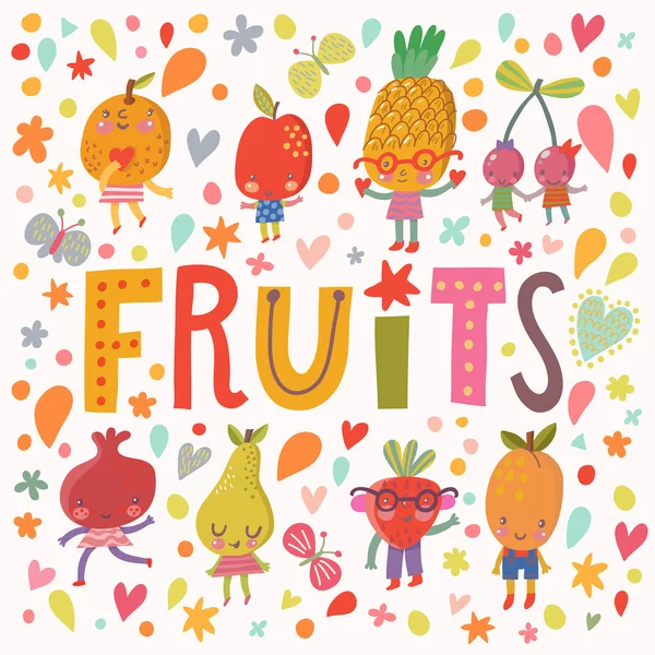 Fruit en bessen cartoon kaart — Stockvector