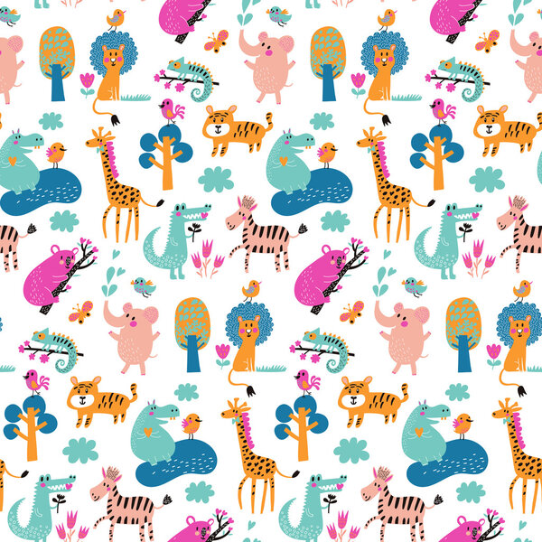 Patrón de dibujos animados con animales — Vector de stock