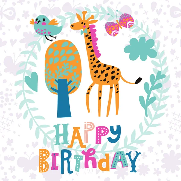 Happy birthday cartoon giraffe card — стоковый вектор