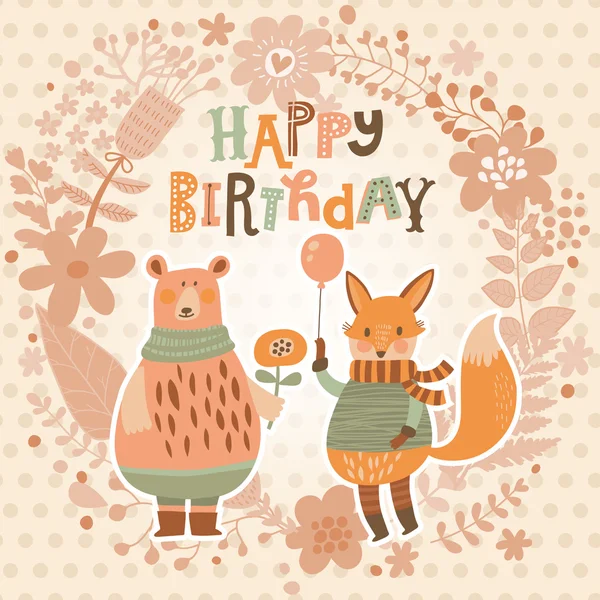 Κάρτα γενεθλίων με γελοιογραφία fox και η αρκούδα — Διανυσματικό Αρχείο